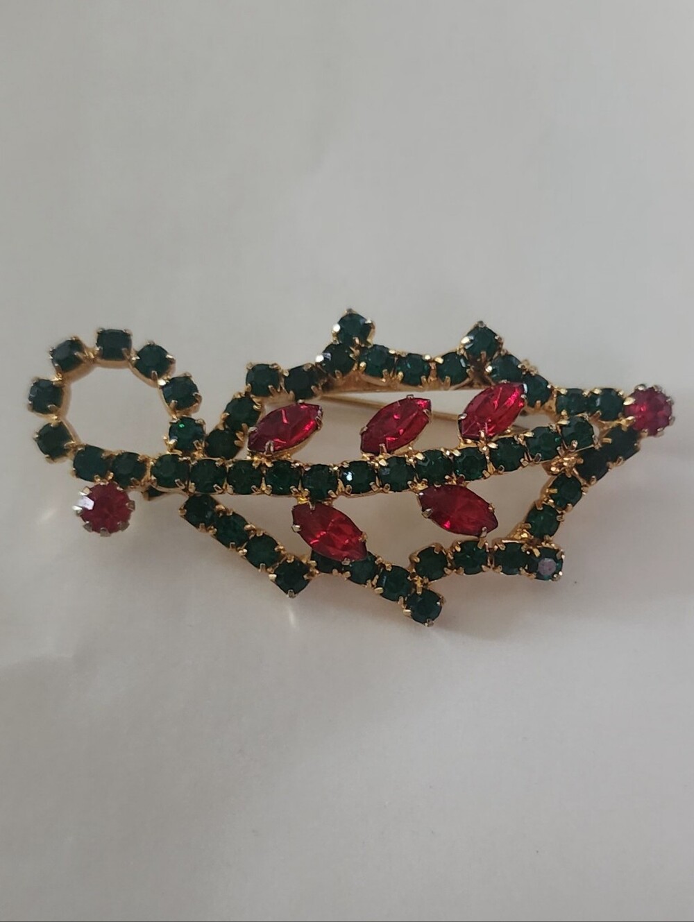 Gold-Tone Green and Red Crystal Leaf Brooch